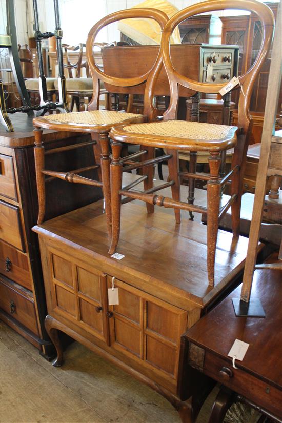 Panelled dwarf cabinet & a pair of Victorian cane seat chairs